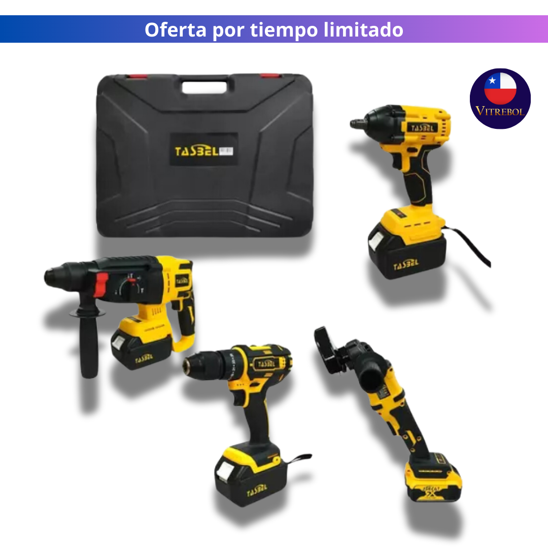 Kit de 4 Herramientas Inalámbricas - Taladro, Llave de impacto, Esmeril angular y RotoMartillo demoledor