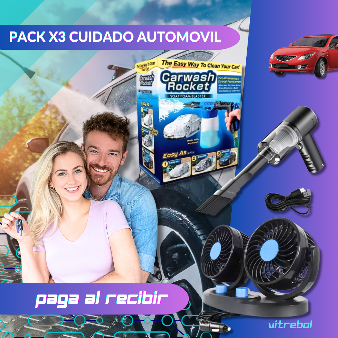 Pack de Cuidado para Auto x3 - Ventilador Doble - Miniaspiradora Portátil -  Pulverizador de Espuma