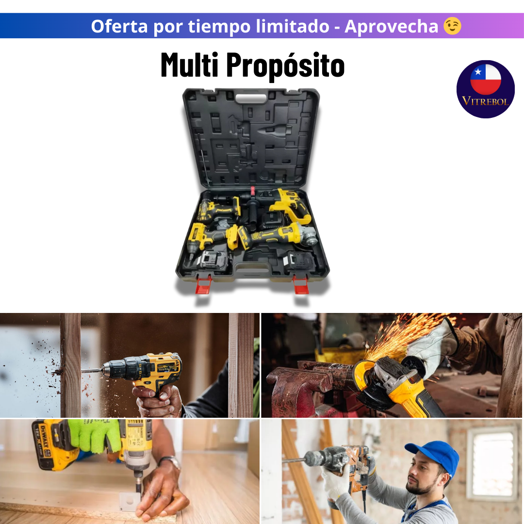 Kit de 4 Herramientas Inalámbricas - Taladro, Llave de impacto, Esmeril angular y RotoMartillo demoledor