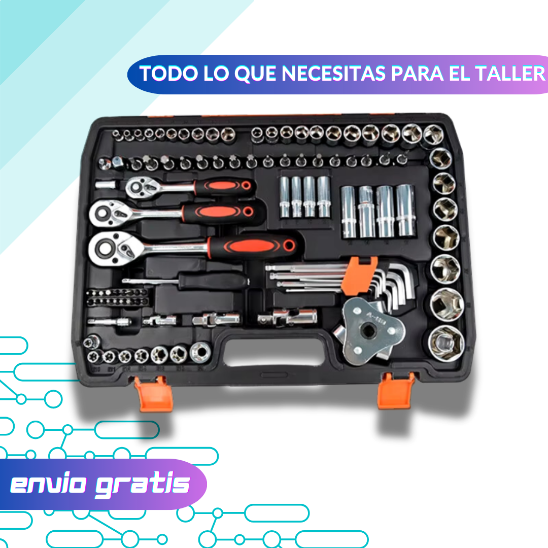 Kit de Herramientas 121 Piezas: Llaves, Dados y Puntas de 1/4", 3/8" y 1/2" Dr. 🔧