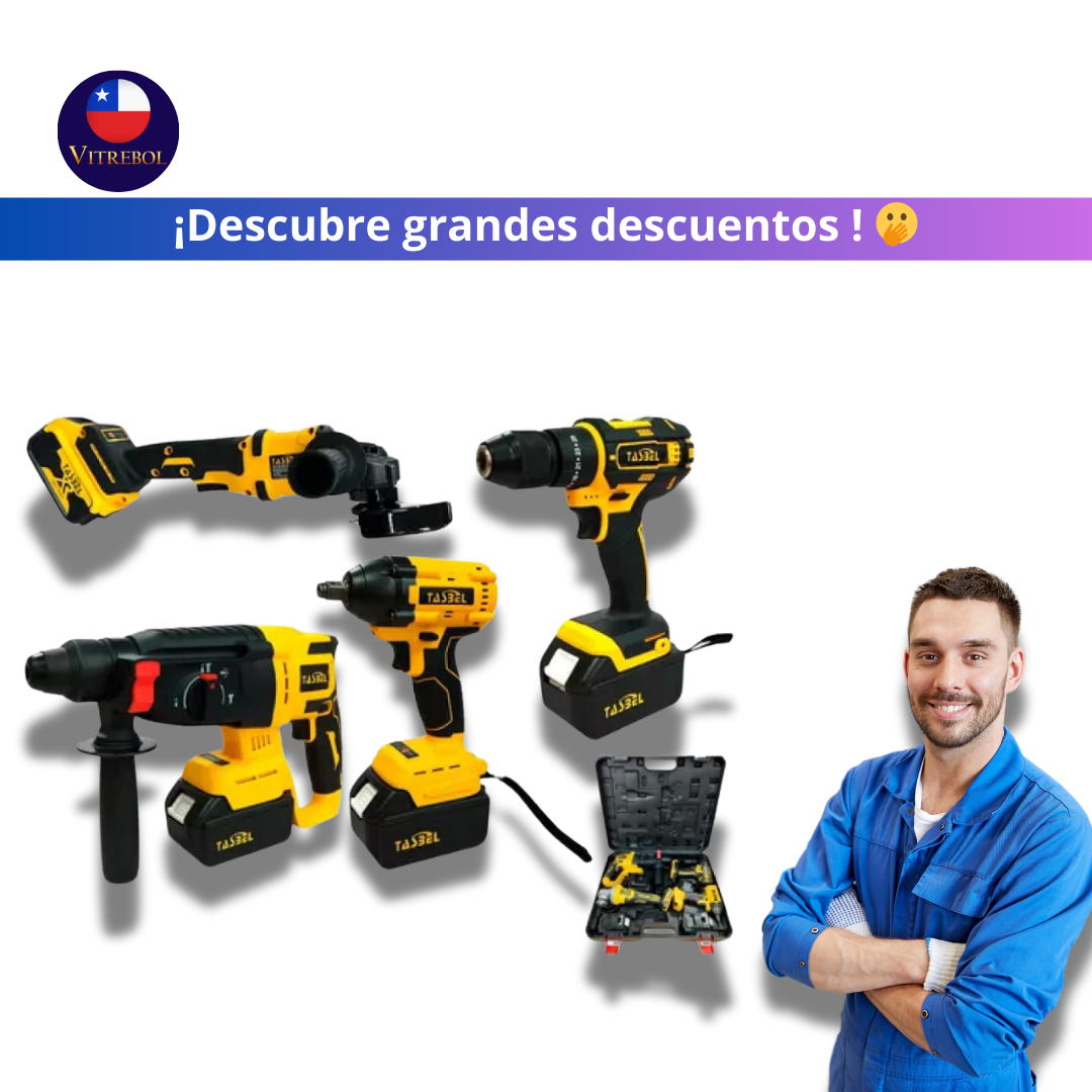 Kit de 4 Herramientas Inalámbricas - Taladro, Llave de impacto, Esmeril angular y RotoMartillo demoledor