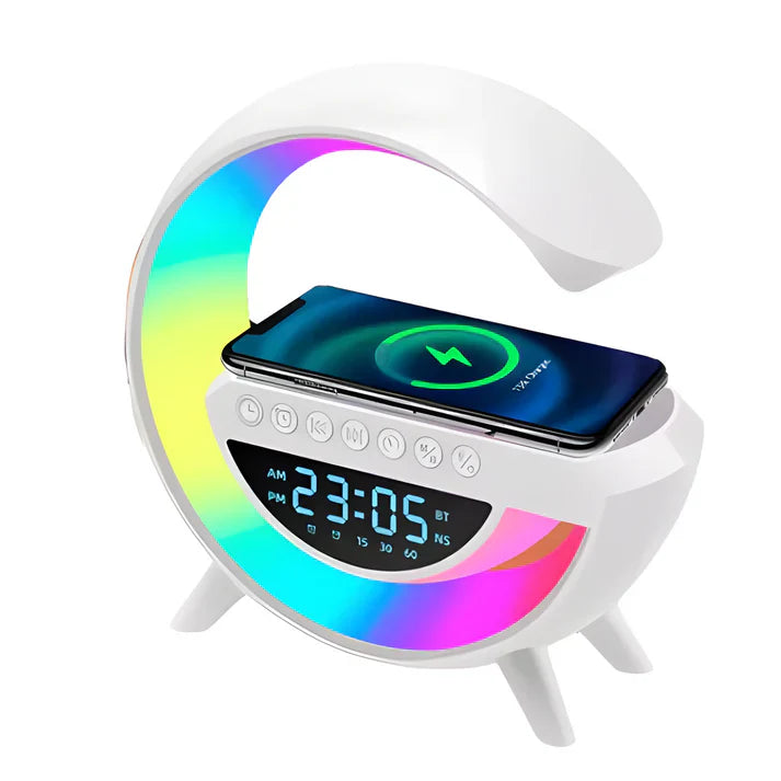 Parlante G, Bluetooth, Pantalla, Alarma Cargador Inalámbrico, lampara multicolores