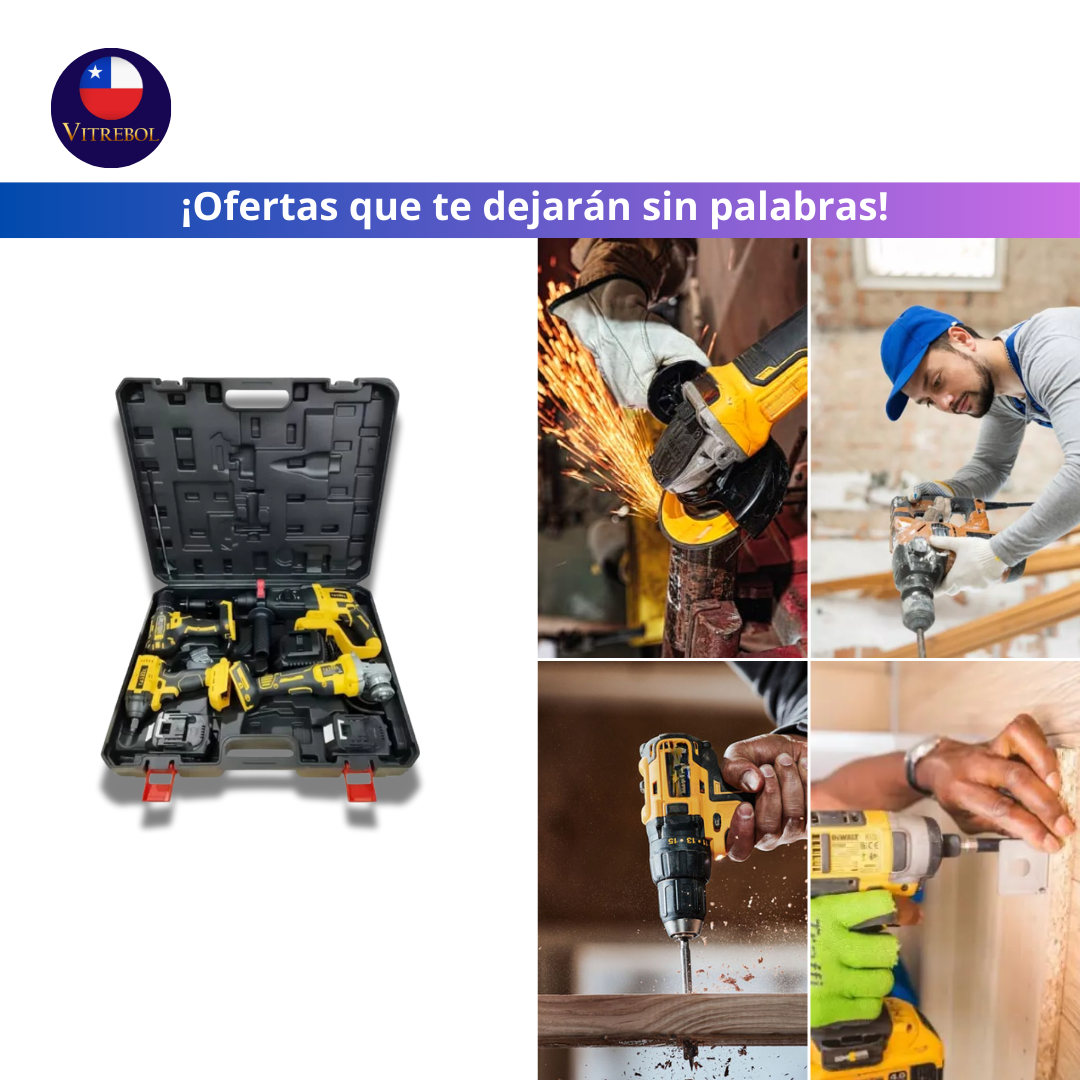 Kit de 4 Herramientas Inalámbricas - Taladro, Llave de impacto, Esmeril angular y RotoMartillo demoledor