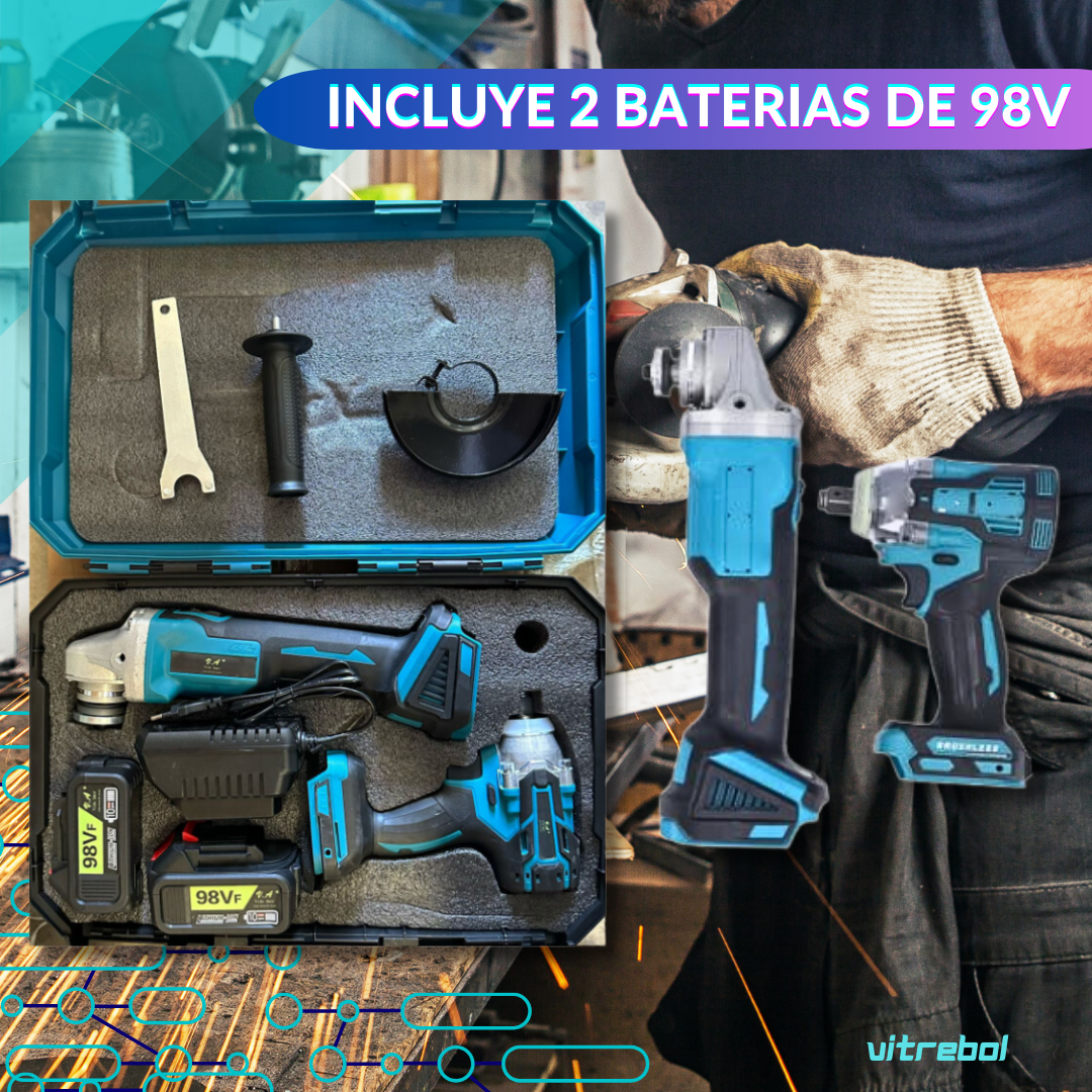 Juego De Herramientas 2 En 1 - Con Esmeril Angular y Llave de impacto - 2 baterías de 98v
