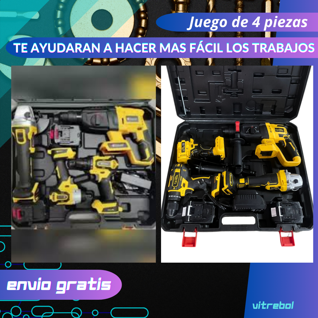 Kit de 4 Herramientas Inalámbricas - Taladro, Llave de impacto, Esmeril angular y RotoMartillo demoledor